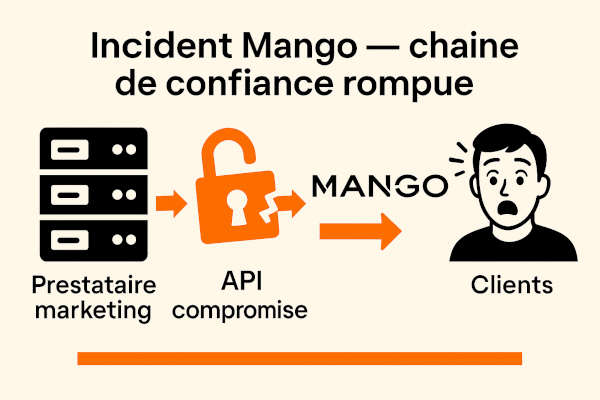 infographie “Incident Mango – chaîne de confiance rompue” (prestataire → API → client)