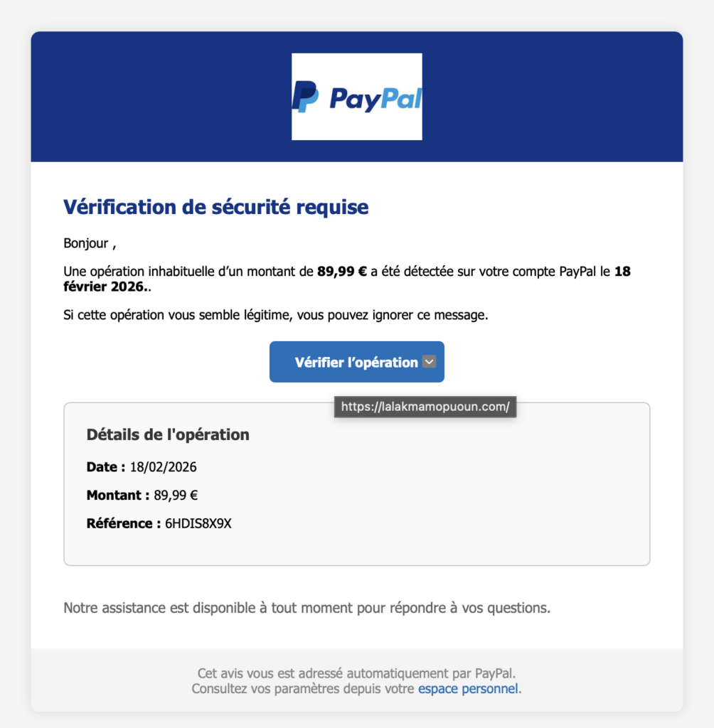 EMail de phishing reçu aprÚs la fuite