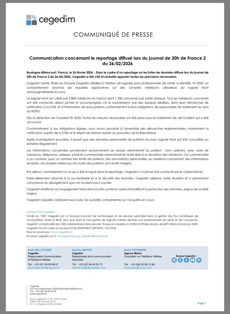 Communiqué de presse du groupe CEGEDIM