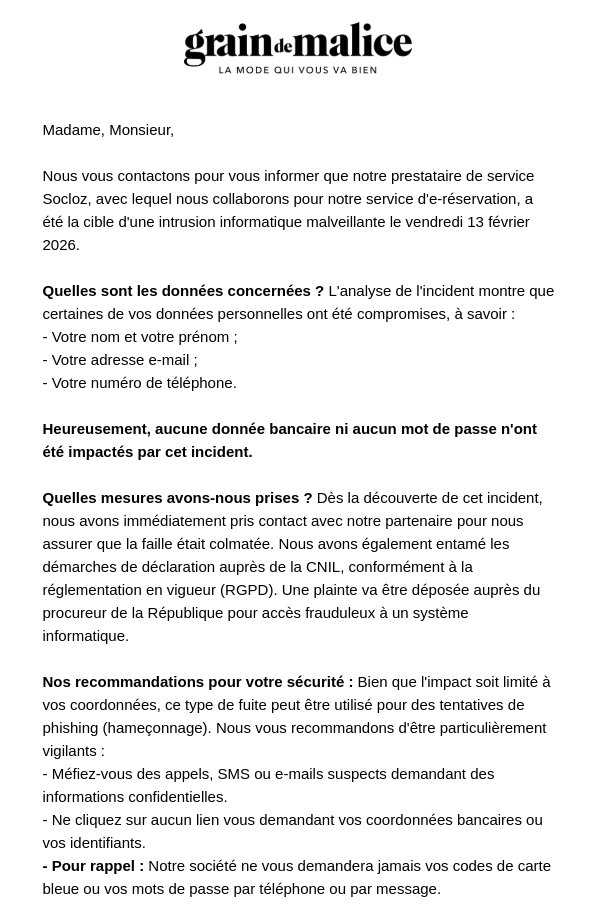 Mail d'information de la part de Grain de Malice au sujet de la fuite de SOCLOZ